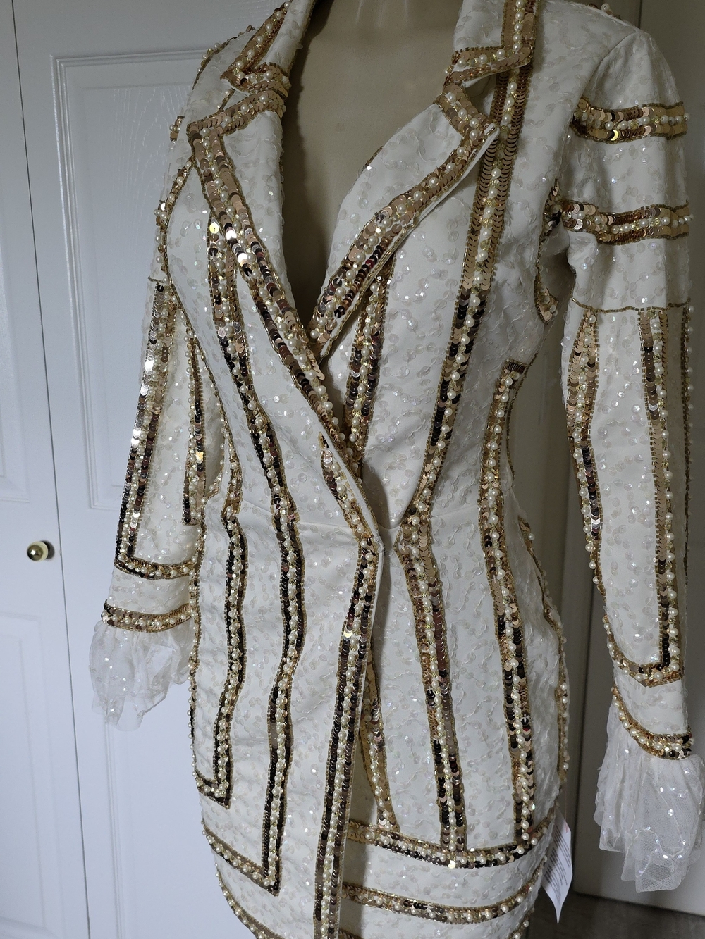 ASOS DESIGN CREAM Mini Blazer Dress with Gold Sequin Trim - Picture 4 of 13